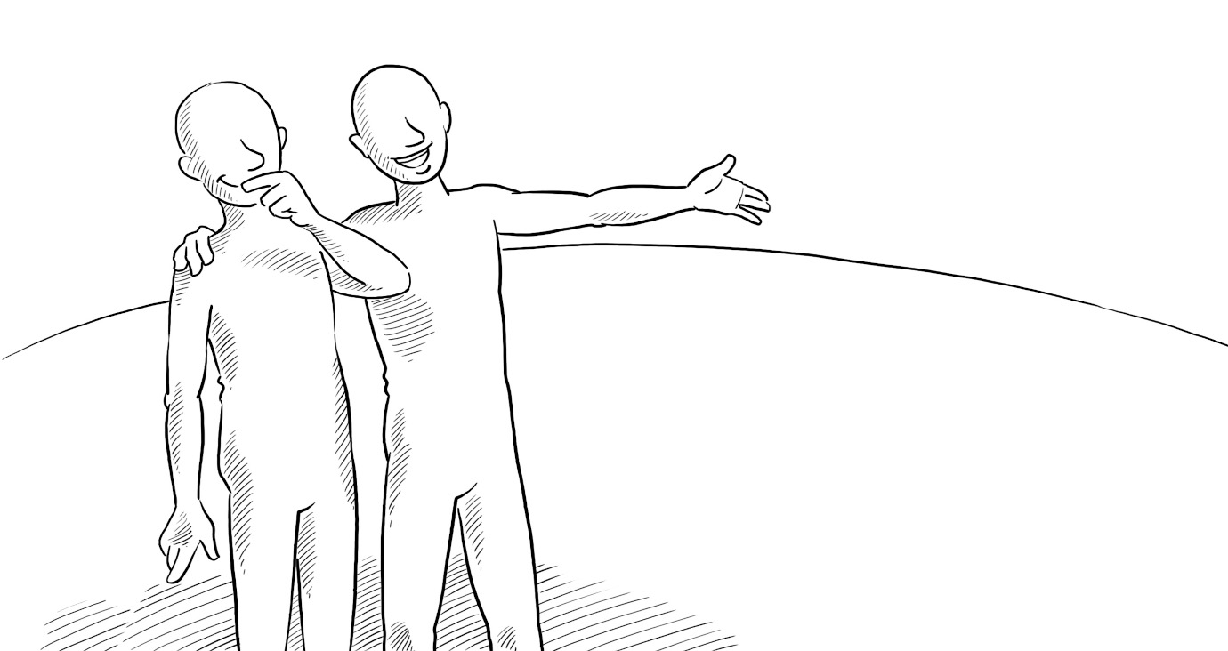 Eine gezeichnete Figur legt einer anderen freundlich den Arm über die Schulter