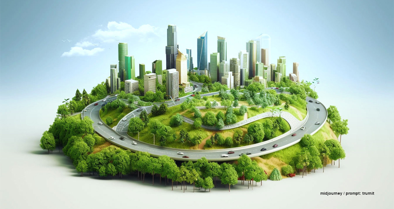 KI generiertes Bild von einer Stadt mit Straßen, Autos und vielen Grünflächen